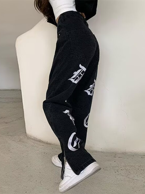자수 데님 조수 브랜드 조 작은 주님 거리 낙서 긴 바지 청년 루즈핏 스트레이트 팬츠 봄 여름 바닥 청소 캐주얼 바지