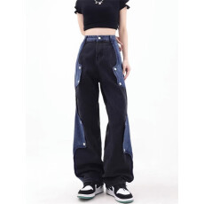 批发拼接牛仔裤美式MAX男女小众痞帅工装宽松休闲直筒阔腿裤子夏季