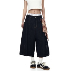 批发带配饰布七分<b class='q'>牛仔裤</b>可拆卸酷森野撞色方巾男<b class='q'>女</b>夏季宽松休闲短裤