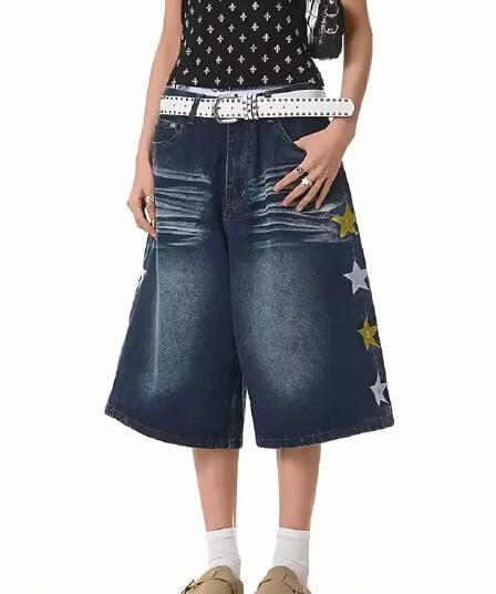 별 자수 데님 반바지 7부 바지 ootd2026 여름 바지 루즈핏 워싱 넓은 다리가 짧다. 바지 아이들