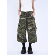 批发美式复古破洞多口袋迷彩七分裤男女复古潮牌宽松慵懒工装<b class='q'>短裤</b>