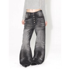 批发美式很忙复古可拉链五联扣牛仔裤男女春夏水洗猫须宽松直筒裤子潮