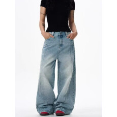 批发星空纹牛仔裤2026春衣创水洗做旧拼接裤子男女宽松直筒阔腿长裤