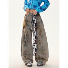 批发美式高街复古蛇纹迷彩水洗弯刀牛仔裤男女百搭痞帅宽松休闲阔腿裤