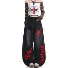 批发刺绣街头牛仔很忙美式水洗弯刀裤女男宽松阔腿跳舞小众设计长裤