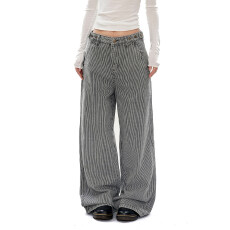 批发黑白条纹新风格刺绣阔腿牛仔裤男女美式宽松情侣百搭直筒长裤潮