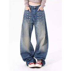 批发美式设计感拼接牛仔裤男女春夏潮流复古小众重工柳丁做旧直筒裤子