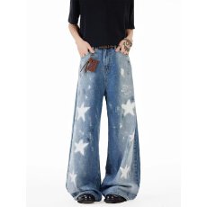 批发美式高街星星镭射印花牛仔裤男宽松复古水洗破洞阔腿裤潮牌直筒裤