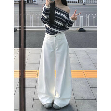 批发韩系一整套ootd穿搭休闲风巨好看条纹斜肩<b class='q'>上衣</b>阔腿裤两件套装26春