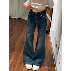 批发满天星烫钻<b class='q'>钉珠</b>微喇<b class='q'>牛仔裤</b>女夏季2026新款高腰宽松不贴腿喇叭裤子