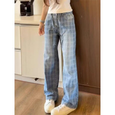 批发半松紧水洗竹节纹直筒淘潮牛仔<b class='q'>裤</b>女男高街vibe<b class='q'>嘻哈</b>宽松休闲<b class='q'>裤</b>春