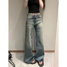 批发美式复古水洗做旧牛仔裤女2026年夏季显瘦中低腰微喇阔腿拖地裤子