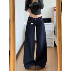 批发复古撞色阔腿牛仔裤女2026春夏新款设计辣妹低腰宽松垂感百搭<b class='q'>长裤</b>