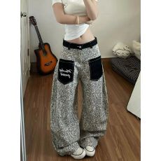 批发美式豹纹贴布口袋牛仔裤男女baggy宽松复古街头阔腿弯刀休闲<b class='q'>长裤</b>