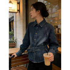 批发复古港风蓝色翻领牛仔衬衫女韩版设计感宽松通勤收腰系带上衣春<b class='q'>秋</b>