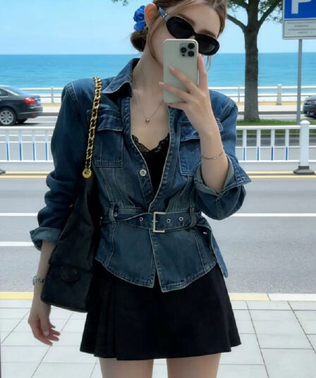항구 바람 레트로 세련된 차가운 폴로 칼라 데님 여성 코트 봄 작은 대중 레이스업 허리 수축 슬림해 보이는 재킷 데님 맨위