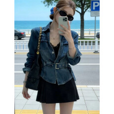 批发港风复古时髦酷翻领<b class='q'>牛仔</b>外套女春季小众系带收腰显瘦<b class='q'>夹克</b><b class='q'>牛仔</b>上衣