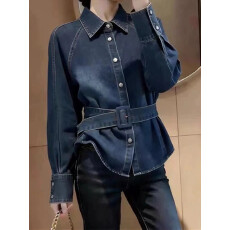批发港风复古翻领牛仔<b class='q'>外套女</b>春季高级感裙摆收腰系带显瘦衬衫掐腰上衣