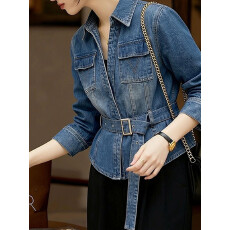 批发韩系蓝色收腰显瘦<b class='q'>牛仔</b>外套女春季新款高级感气质翻领短款<b class='q'>夹克</b>上衣