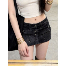 批发美式复古磨破烫钻低腰<b class='q'>牛仔</b>短裙女夏季辣妹设计感<b class='q'>牛仔</b>包臀短裙裤