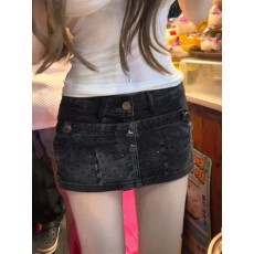 批发美式复古磨破烫钻低腰<b class='q'>牛仔</b>短裙女夏季y2k辣妹设计感包臀裙