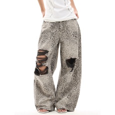 批发新款美式高街辣妹韩系复古豹纹印花破洞牛仔裤女高腰直筒阔腿裤