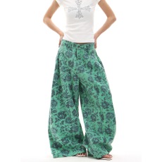 批发玫瑰花满印蓝绿色阔腿牛仔裤子女设计感褶皱宽松显瘦垂感休闲<b class='q'>长裤</b>