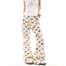 批发欧美式复古卡通印花涂鸦微喇叭牛仔裤女高腰显瘦设计感小众拖地裤