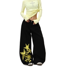 批发美式复古设计舞垂感星星印花阔腿牛仔弯刀女设计感百搭跳舞裤子潮