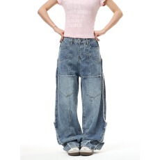批发美式复古水洗毛边牛仔裤女款宽松百搭设计感高腰显瘦直筒阔腿<b class='q'>长裤</b>