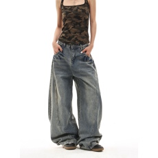 批发美式复古高腰弯刀牛仔裤女高街设计感宽松显瘦垂感阔腿<b class='q'>长裤</b>子y2k