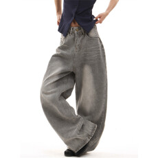 批发美式高街复古做旧烟灰色阔腿牛仔裤女宽松直筒垂感宽松<b class='q'>长裤</b>子y2k