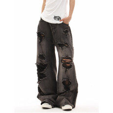 批发美式高街复古破洞乞丐风格牛仔裤女新款直筒宽松阔腿显瘦酷女y2k