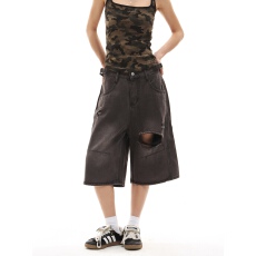 批发美式复古破洞牛仔七分裤<b class='q'>女</b>高街dirtyfit水洗做旧宽松阔腿裤子y2k