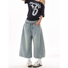 批发美式高街穿搭复古阔腿牛仔裤<b class='q'>女</b>潮牌夏季新款小个子设计感七分裤子
