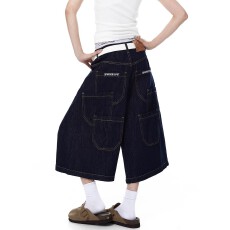 美式新概念复古水洗多口袋原色牛仔七分裤男女春秋设计感工装短裤