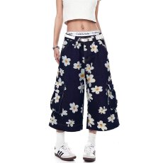 批发美式复古小雏菊印花牛仔裤男<b class='q'>女</b>夏季宽松国潮高街工装阔腿七分裤