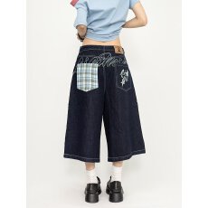 批发美式复古刺绣格子拼接牛仔短裤<b class='q'>女</b>2026夏季新款宽松显瘦七分裤子潮