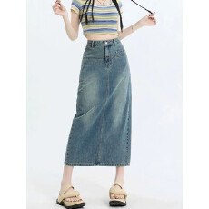 批发复古牛仔半身裙女春夏高腰修身显高a字开叉包臀裙