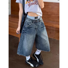 批发美式镶砖竹节<b class='q'>牛仔</b>七分裤<b class='q'>男</b>女夏季新款水洗百搭宽松阔腿中裤潮