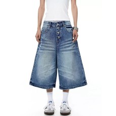 批发美式复古猫须纹水洗排扣<b class='q'>牛仔</b>七分裤<b class='q'>男</b>女cleanfit阔腿夏季新款<b class='q'>短裤</b>