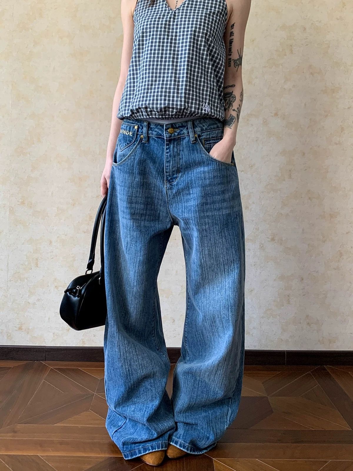 아메리칸 레트로 파리 버클 대나무 마디 청바지 남녀 루즈핏 캐주얼 워싱 디자인 센스 스트레이트 다용도 긴 바지 트렌디