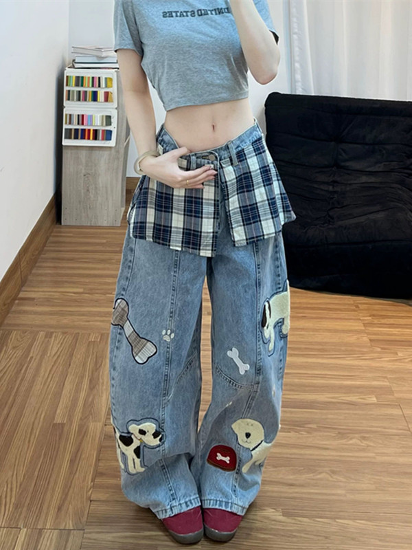 아메리칸 만화 자수 패치워크 체크무늬 방귀 커튼 청바지 바지 여자 2026 여름 새로운 루즈핏 와이드 레그 팬츠
