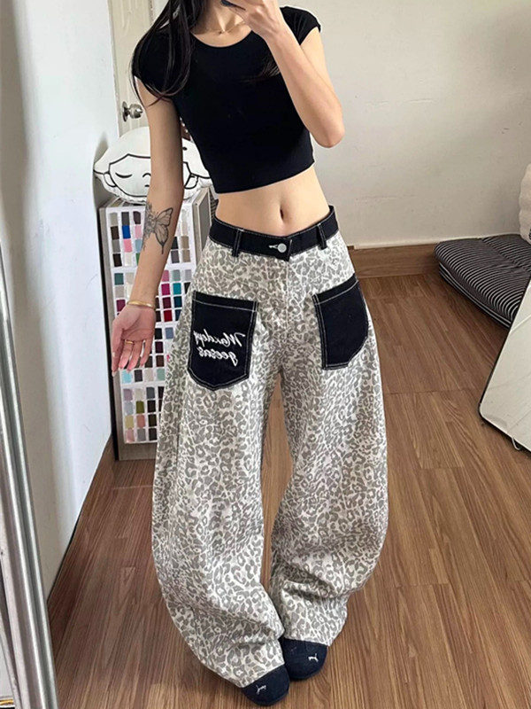아메리칸 레트로 레오파드 무늬 하이웨이스트 와이드 레깅스 바지 루즈핏 슬림해 보이는 거리 캐주얼 바지 배색 주머니 모통이 칼 청바지