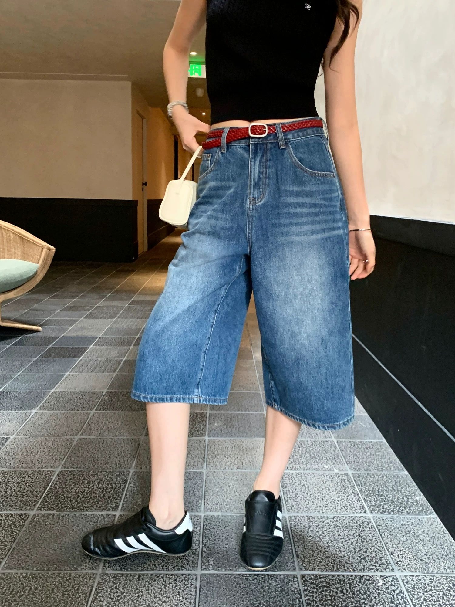 아메리칸 레트로 청바지 여성 여름 넓은 다리 7부 바지 하이웨이스트 루즈핏 스트레이트 캐주얼 바지 바지