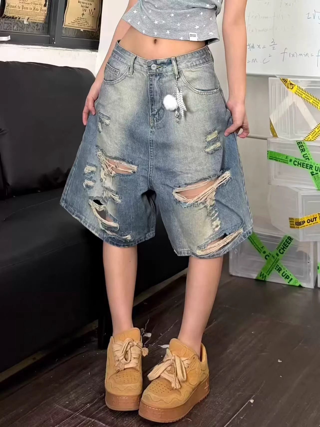 아메리칸 국가 트렌디 워싱 찢어진 부분 세련된 데님 오부 바지 남녀 여름 루즈핏 캐주얼 다용도 트렌드 넓은 다리가 짧다. 바지