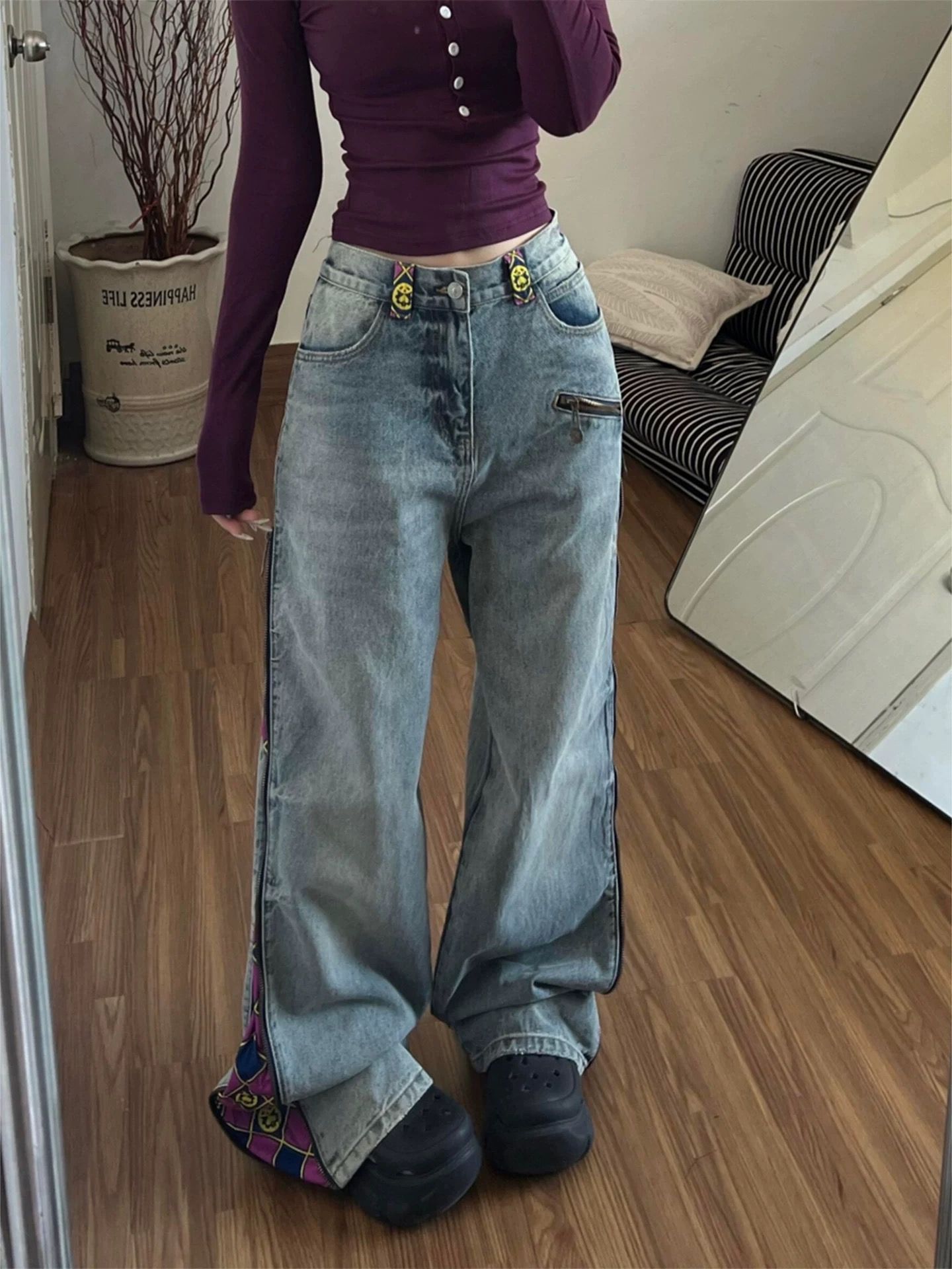 아메리칸 레트로 지퍼 패치워크 청바지 여성 봄 여름 디자인 센스 하이웨이스트 루즈핏 스트레이트 와이드 레그 팬츠 바닥 청소 긴 바지