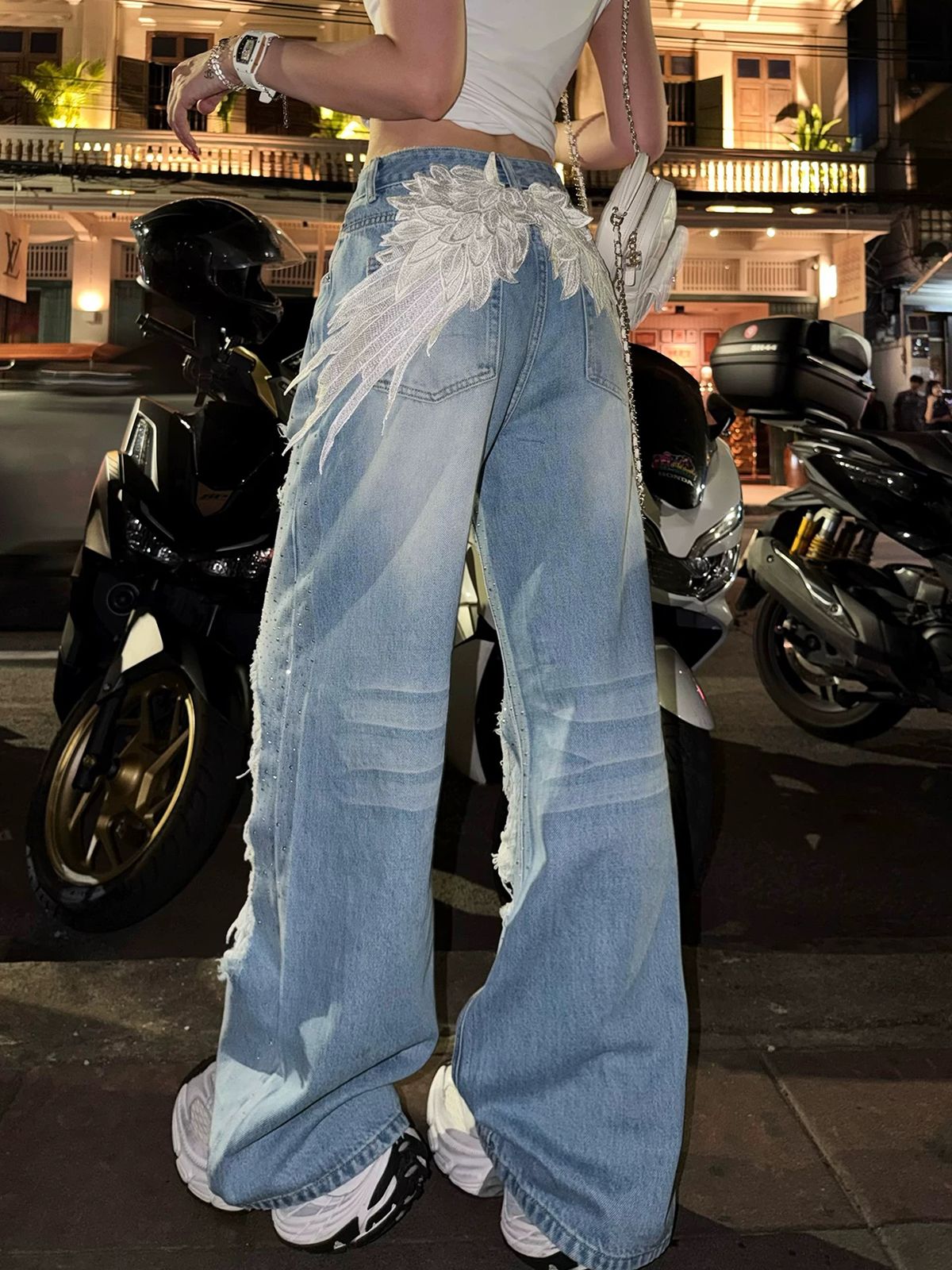거리 바람 면 무거운 작업 워시 물 핫픽스 넓은 다리 스트레이트 찢어진 부분 청바지 여성 2026 새로운 이른 봄
