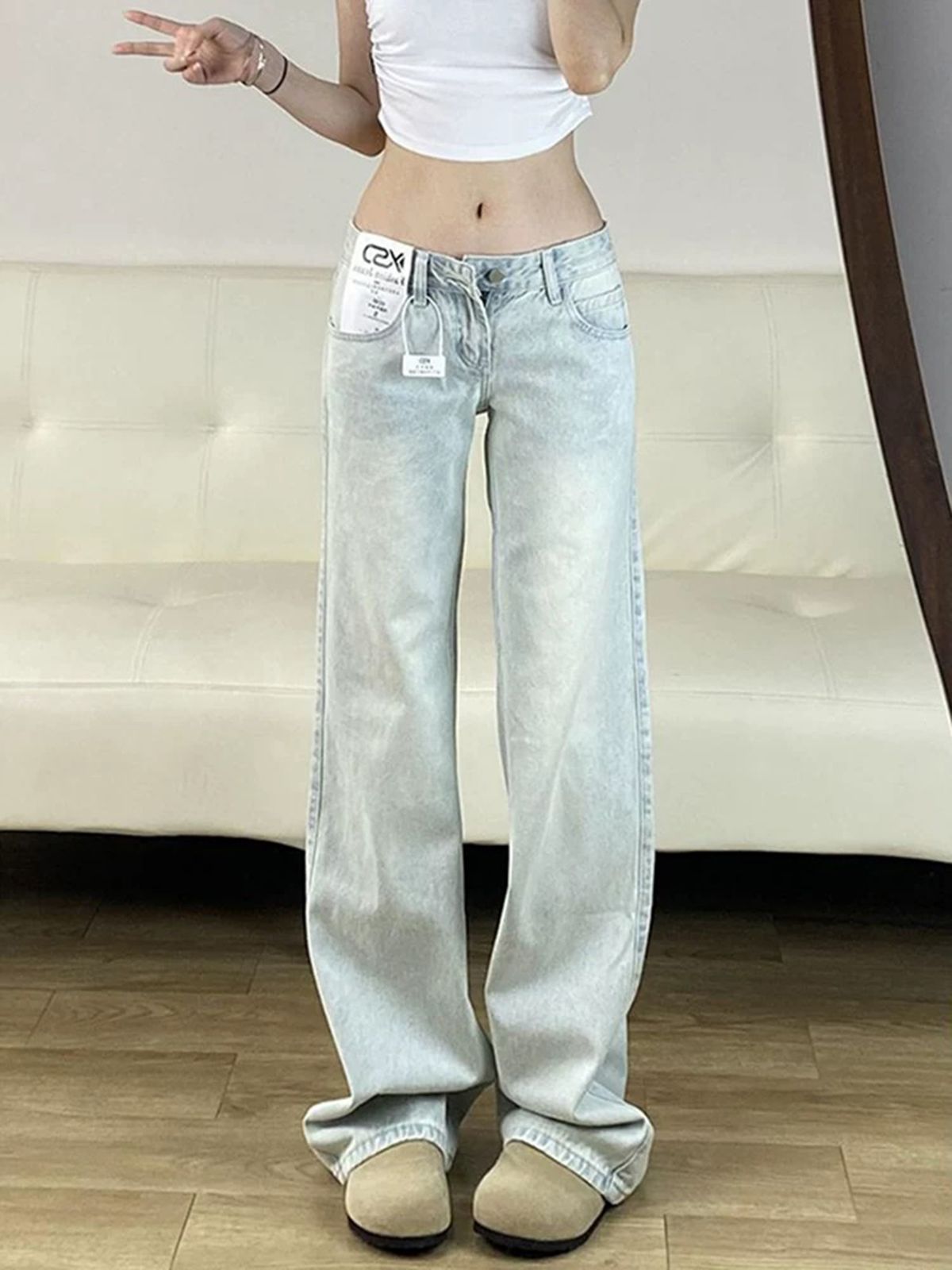 워싱 얕은 얼음 블루 로우 웨이스트 부츠컷 청바지 여성 여름 새로운 루즈핏 슬림해 보이는 캐주얼 바닥 청소 바지