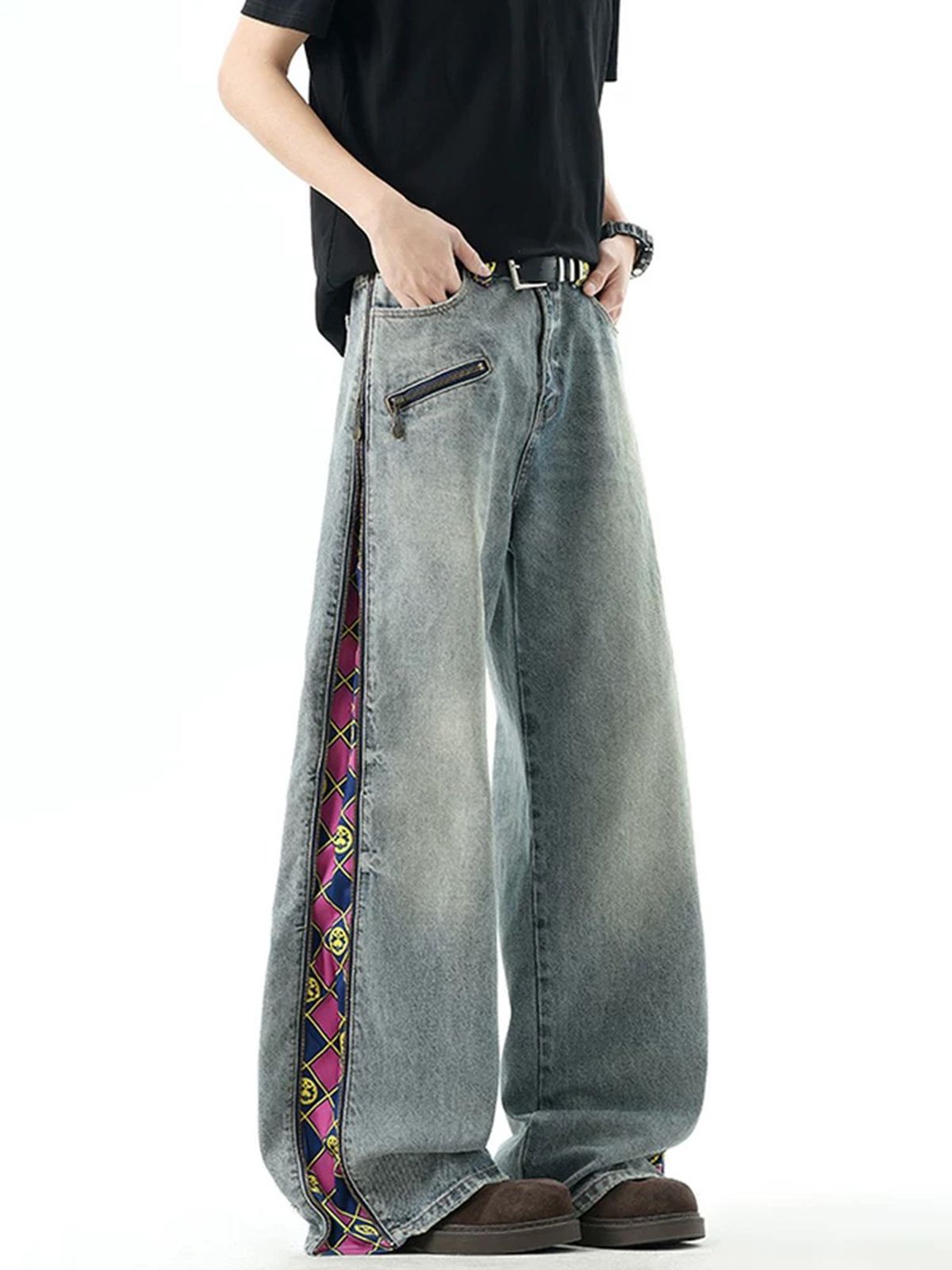 아메리칸 레트로 지퍼 패치워크 청바지 남녀 디자인 센스 하이웨이스트 루즈핏 스트레이트 와이드 레그 팬츠 바닥 청소 롱 바지